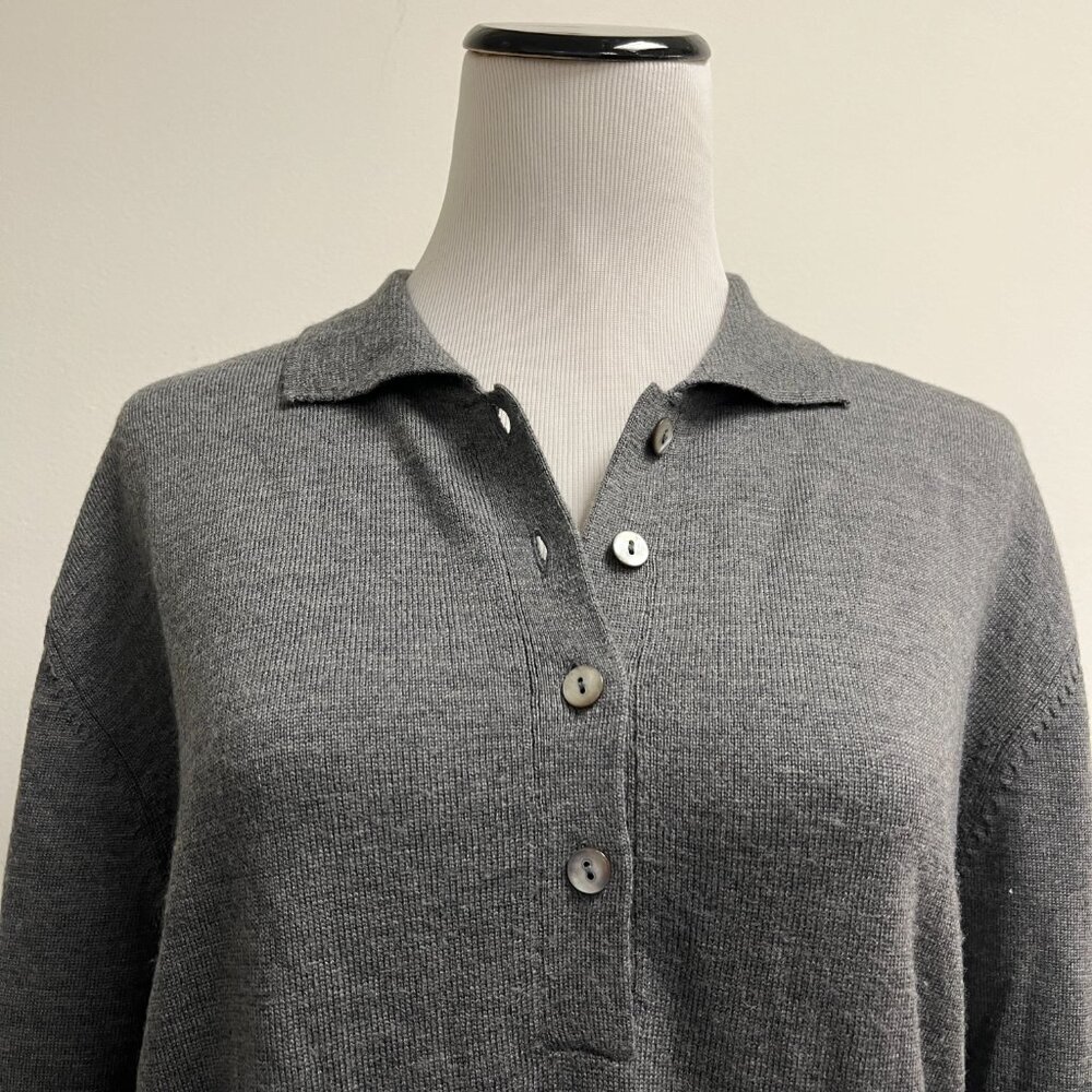 Ann Taylor vintage gray merino wool johnny collar polo sweater shirt L
